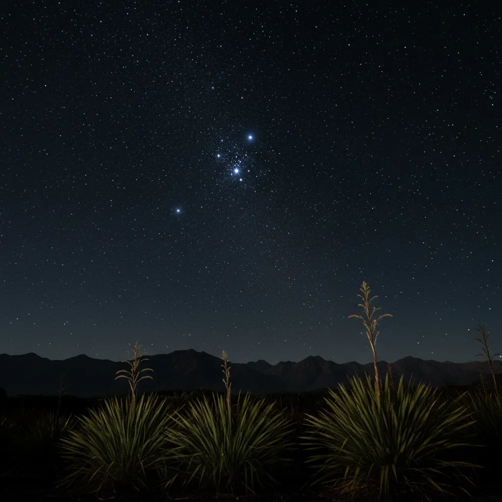 Matariki star cluster in the night sky over New Zealand landscape