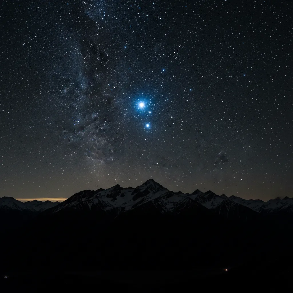 The Matariki star cluster rising over a New Zealand mountain range
