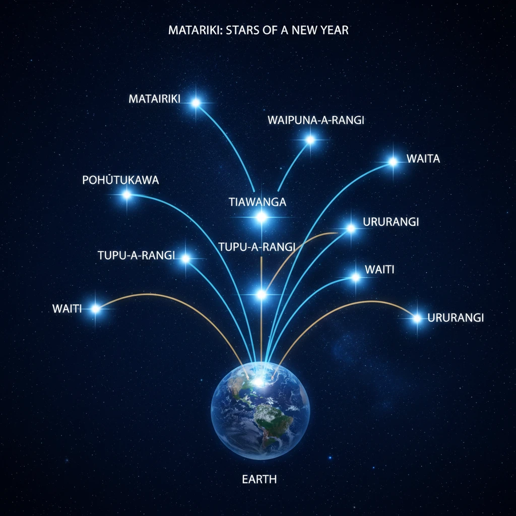 Diagram of the 9 Matariki stars showing their arrangement