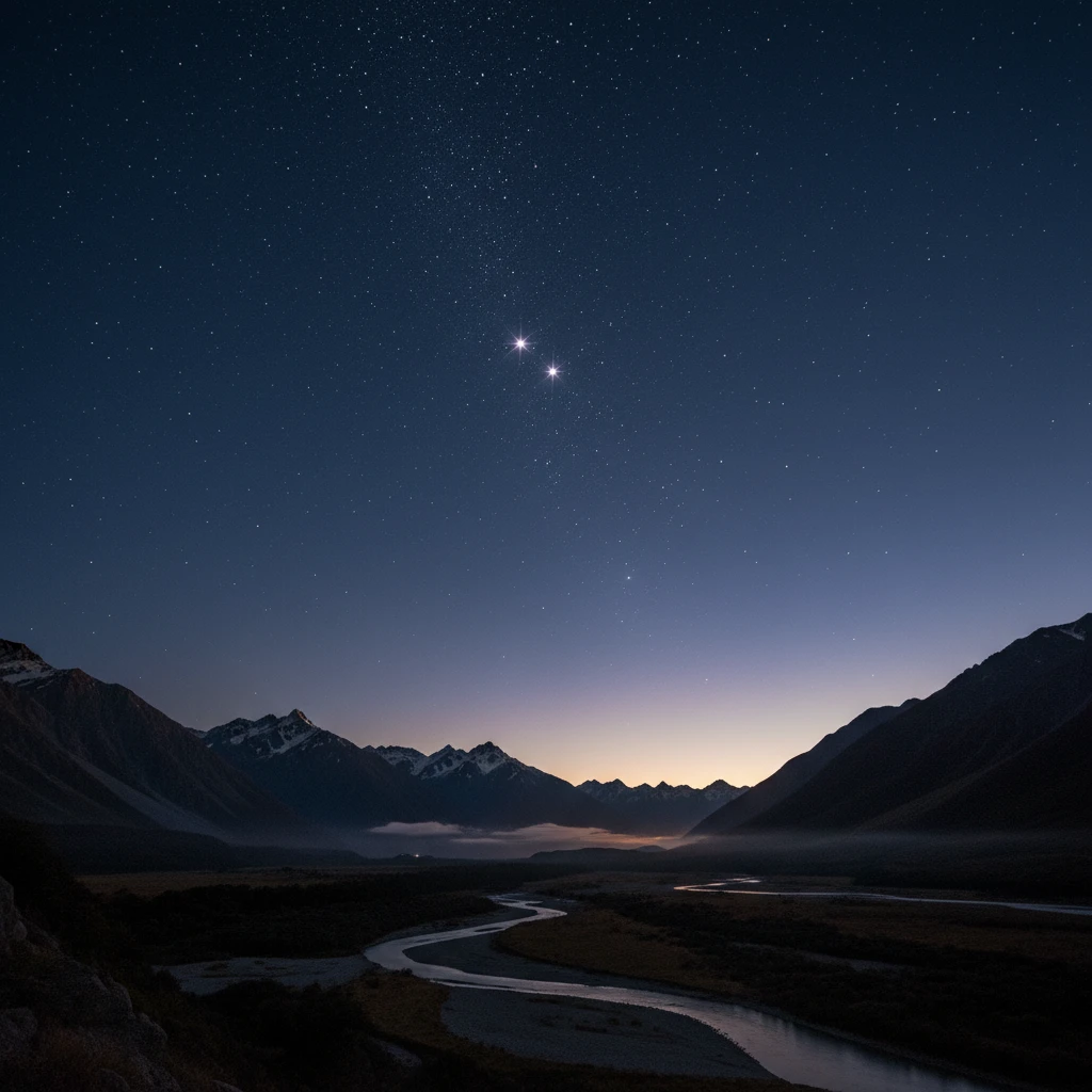 Matariki star cluster rising over New Zealand mountains