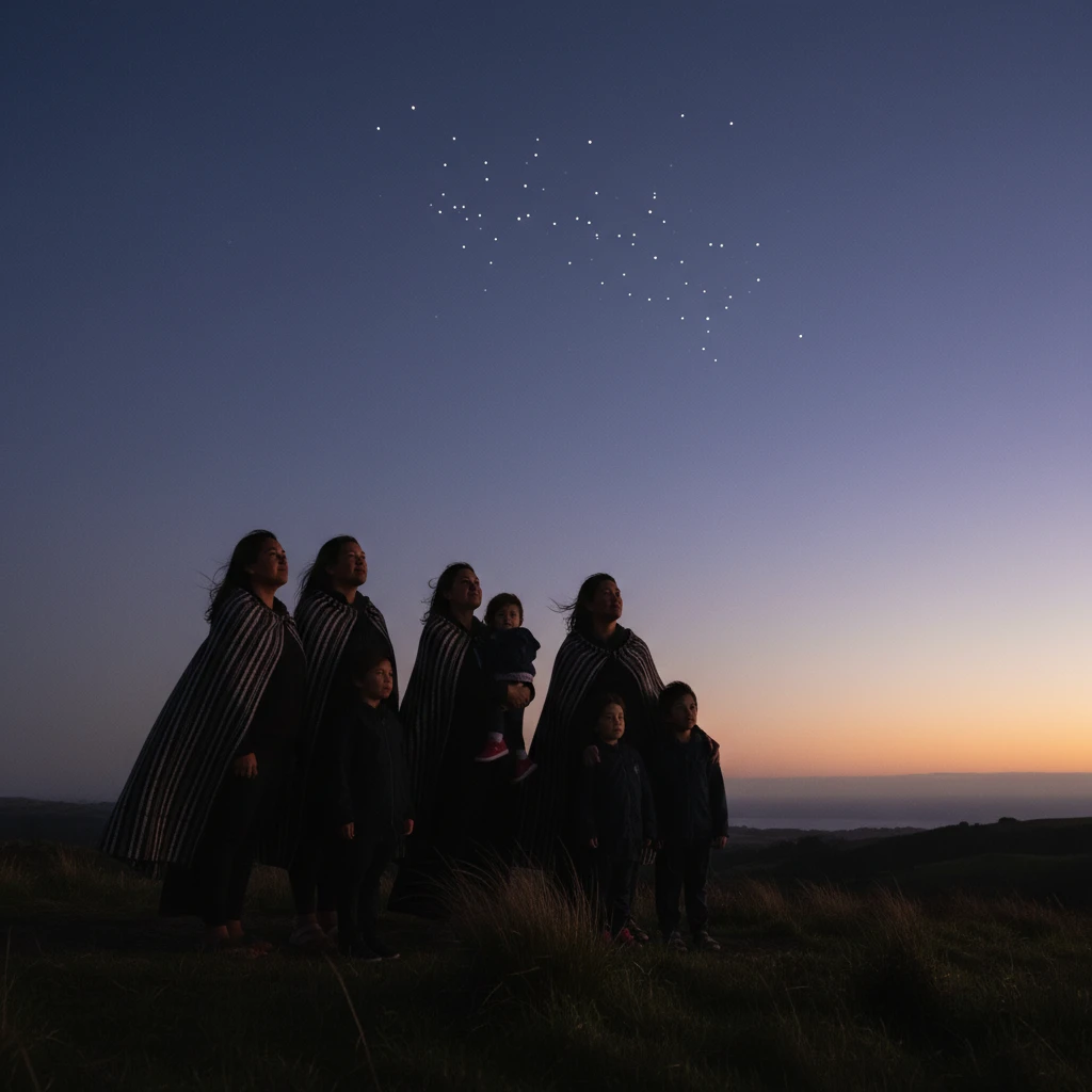 Family observing Matariki stars at dawn for remembrance