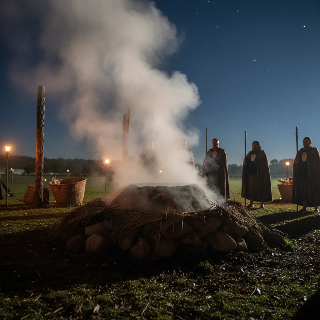 Steam rising from the Umu Kohukohu Whetū during a Hautapu ceremony