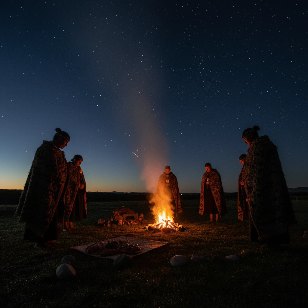 Traditional Hautapu ceremony pre-dawn with Matariki stars visible