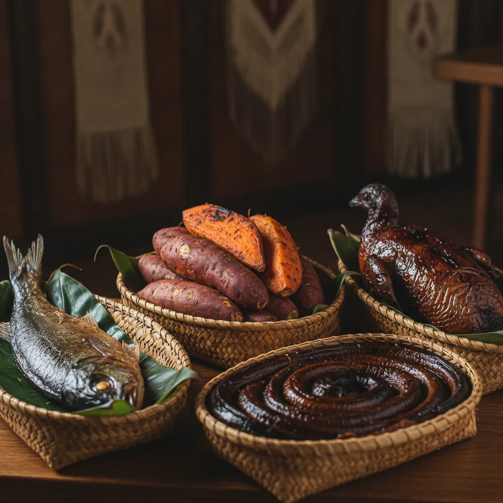 The four sacred foods of the Hautapu ceremony arranged on flax
