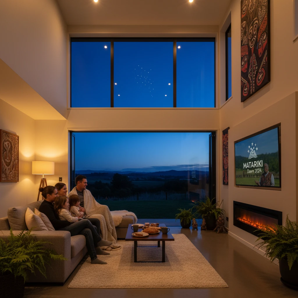Family watching the national Matariki broadcast at home