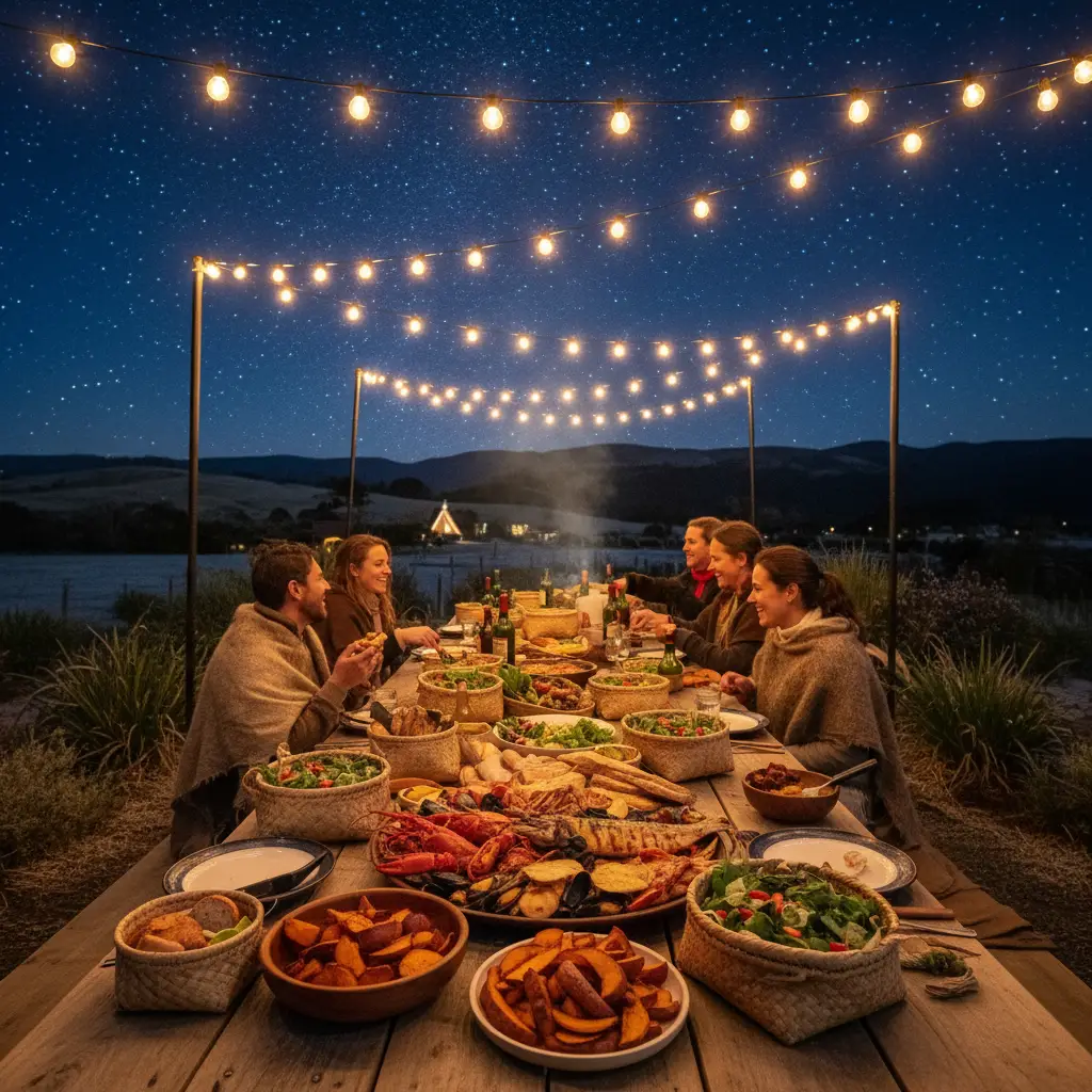 Communal Matariki Hākari feast table setting under the stars