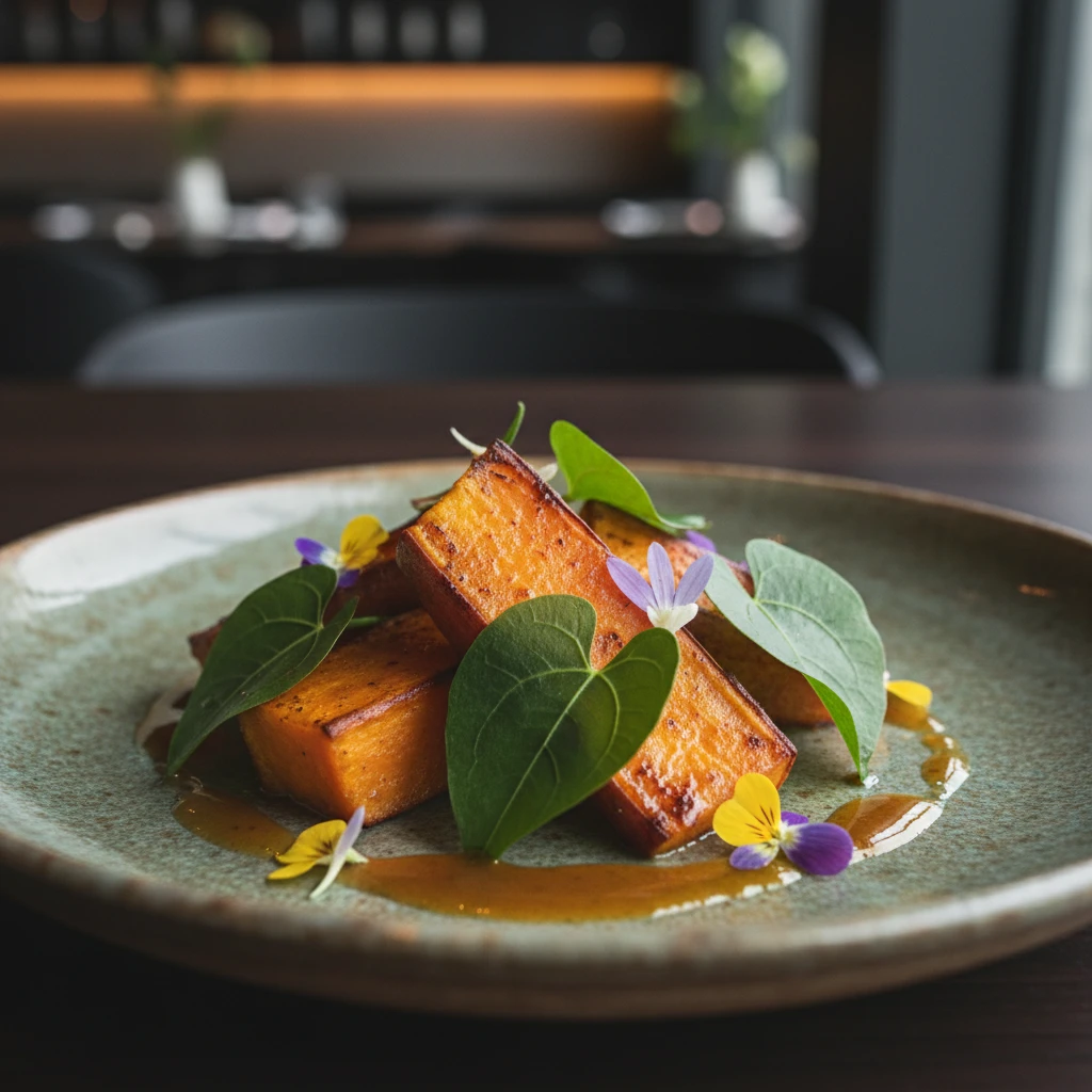 Modern gourmet Kumara and Kawakawa dish