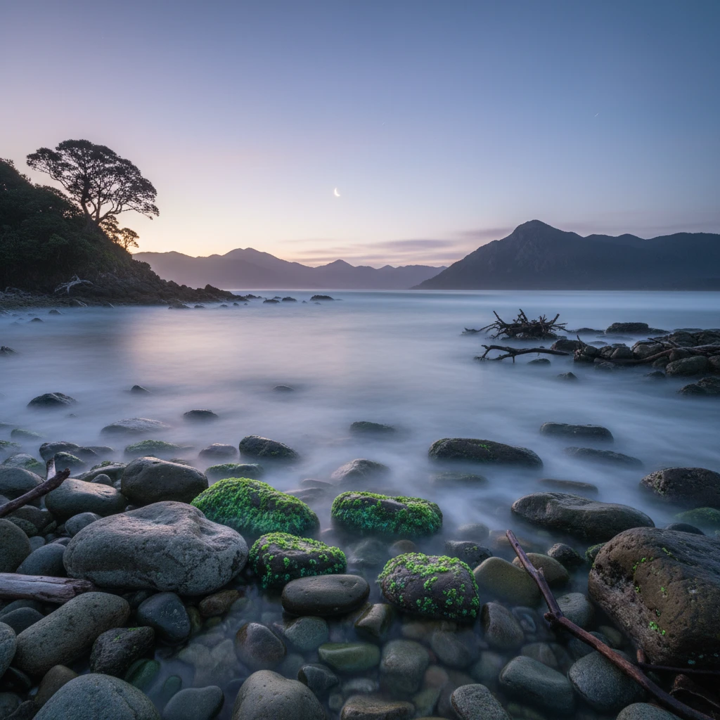 Peaceful coastline representing low energy moon phase