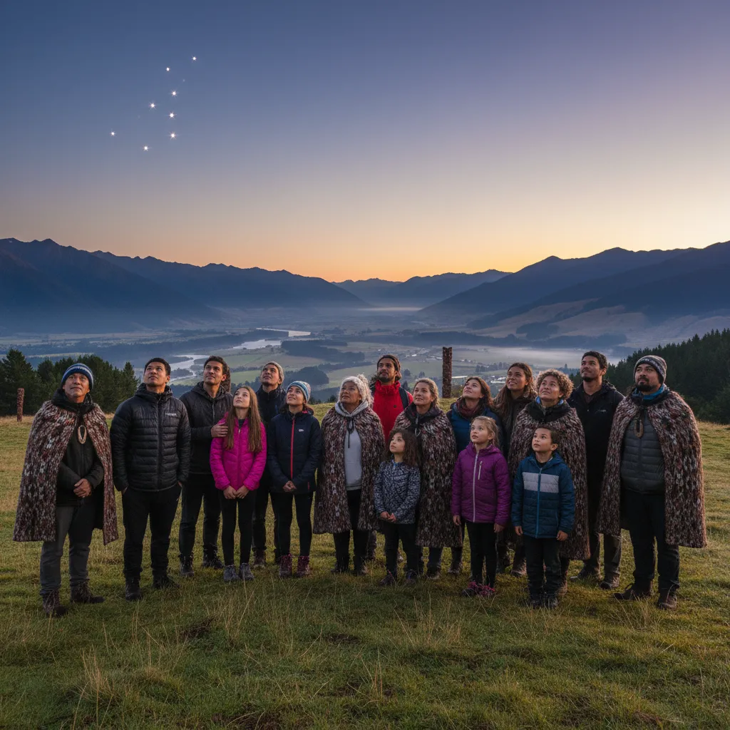 Community gathering at dawn to view the Matariki star cluster
