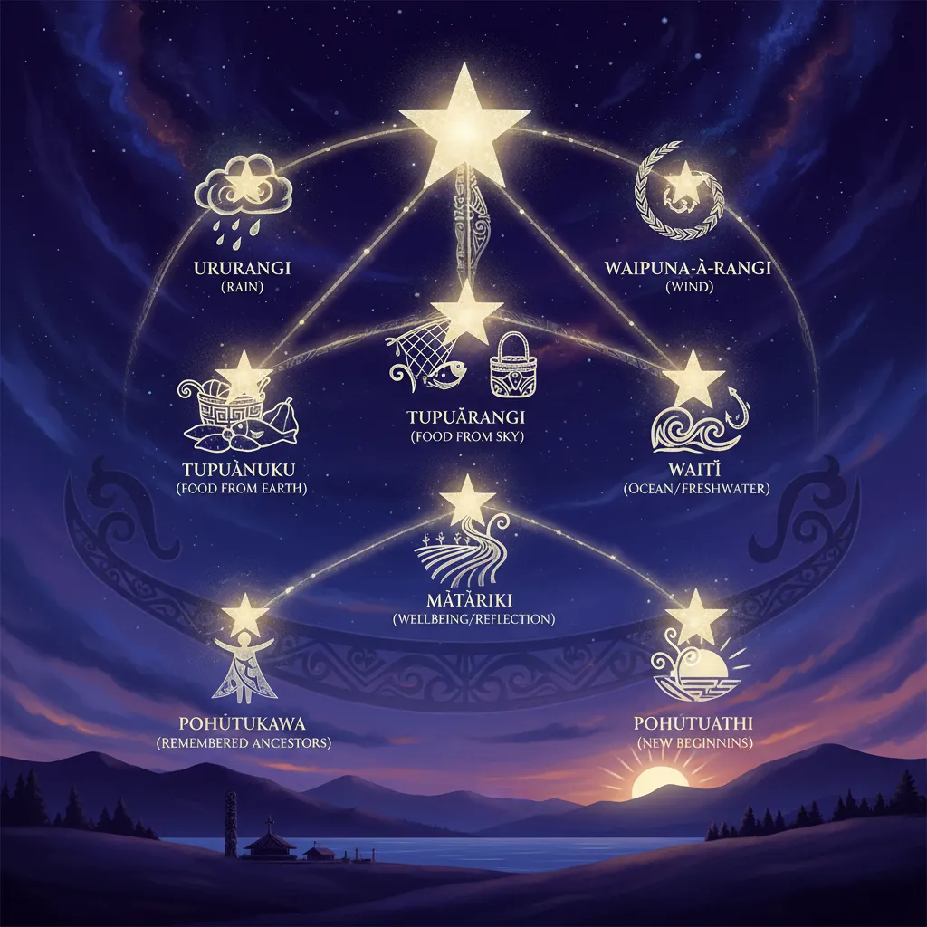 Artistic representation of the nine stars of Matariki and their domains