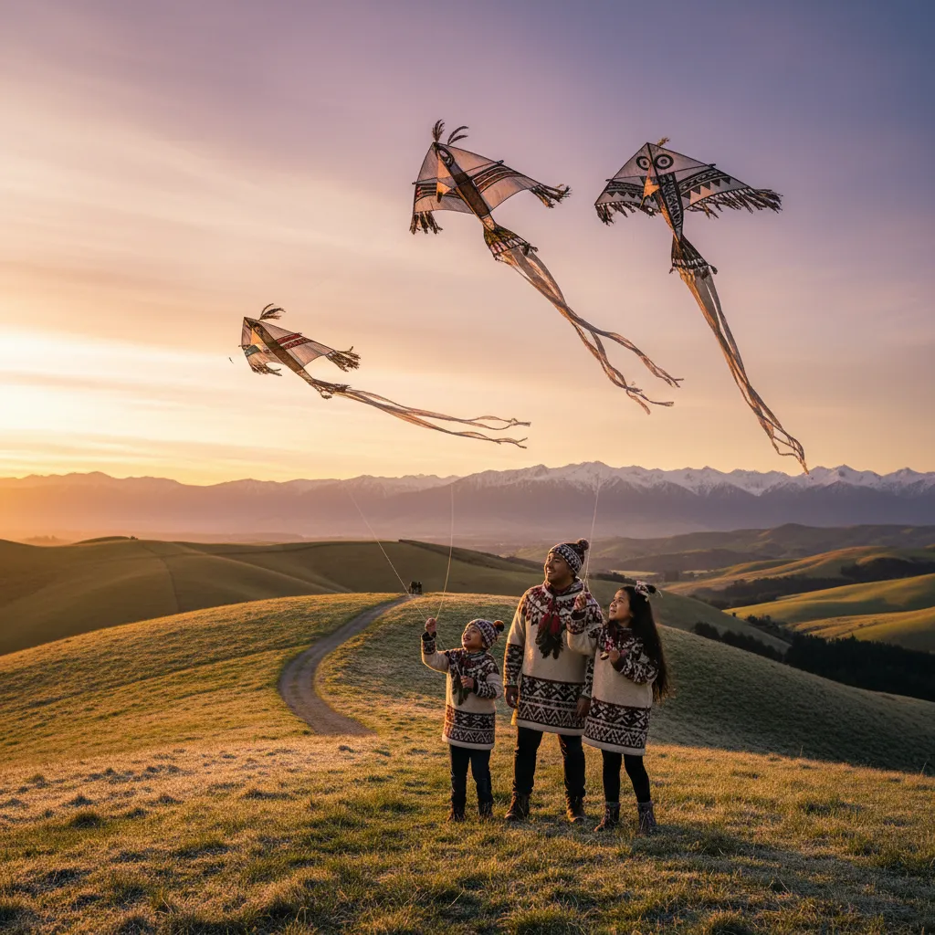 Family flying kites during Matariki celebrations