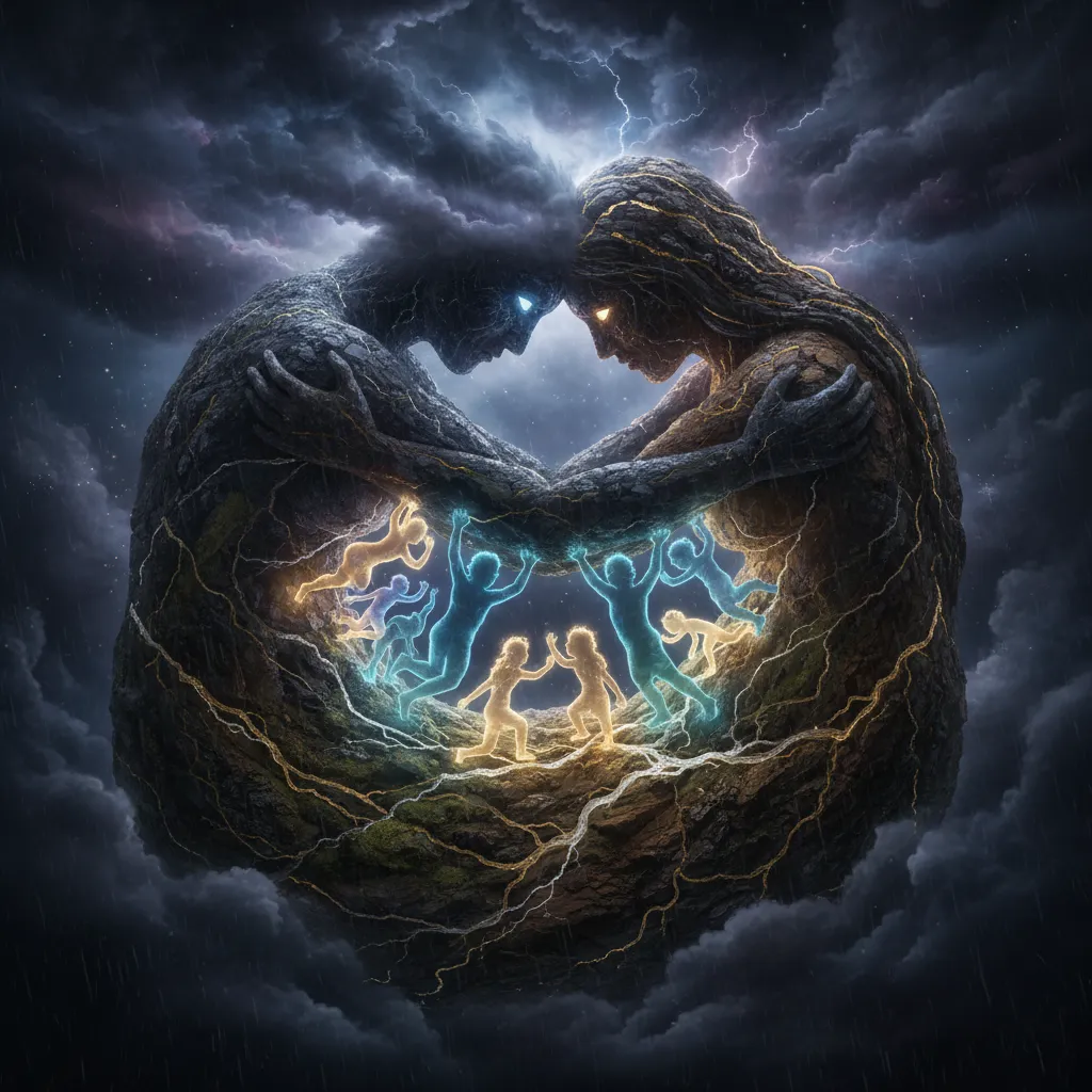 Ranginui and Papatūānuku embracing in the darkness before the separation