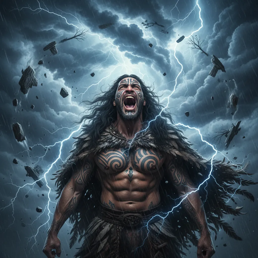 Tāwhirimātea the god of wind unleashing storms upon the earth