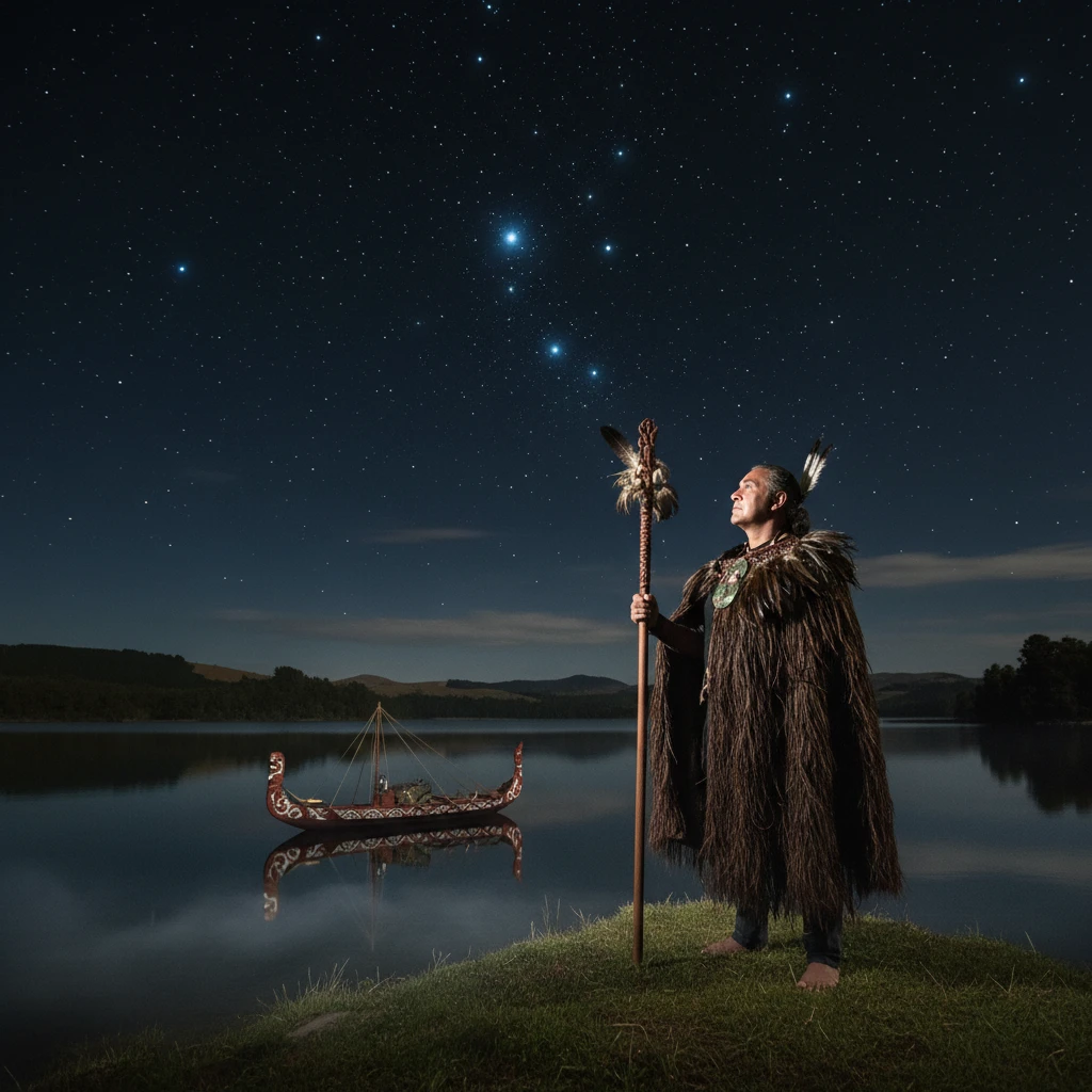 Māori tohunga observing the Matariki stars to predict the weather