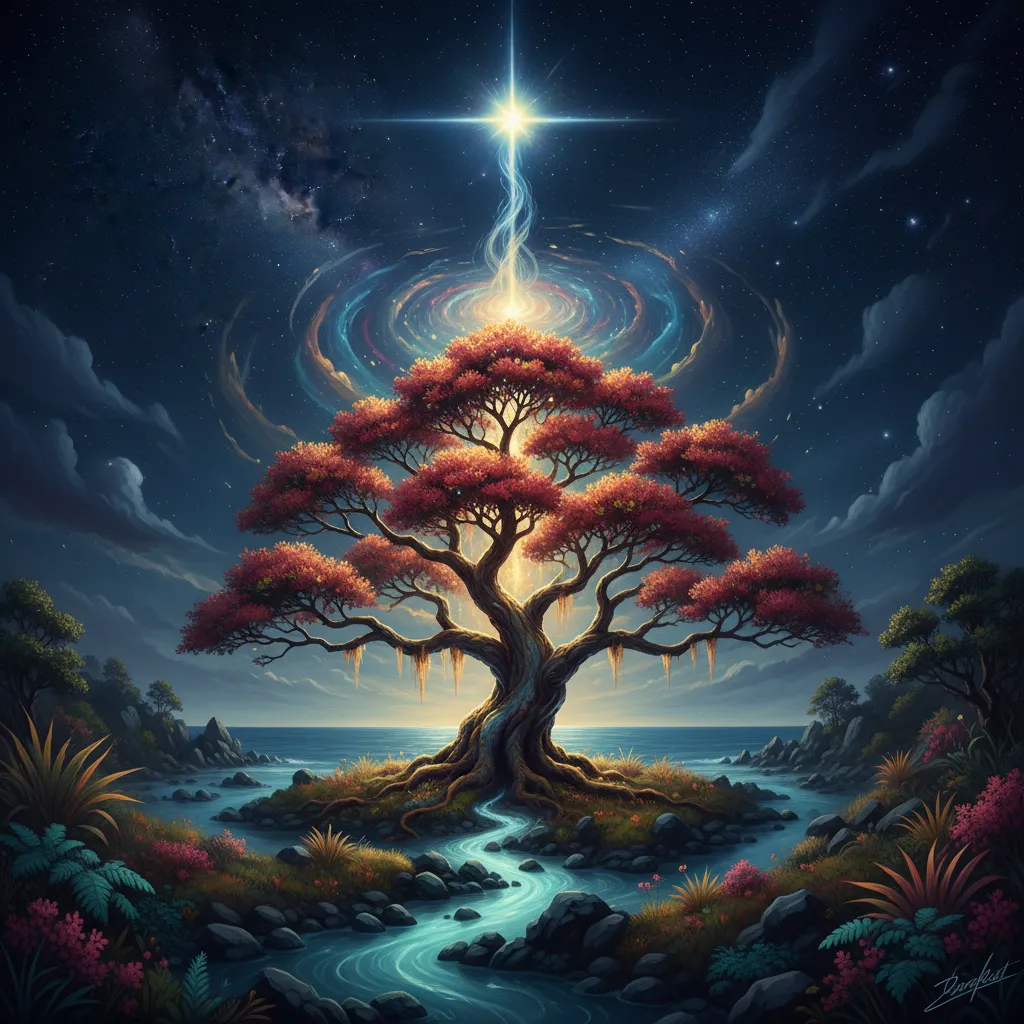 Artistic representation of Pōhutukawa connecting the dead to the stars