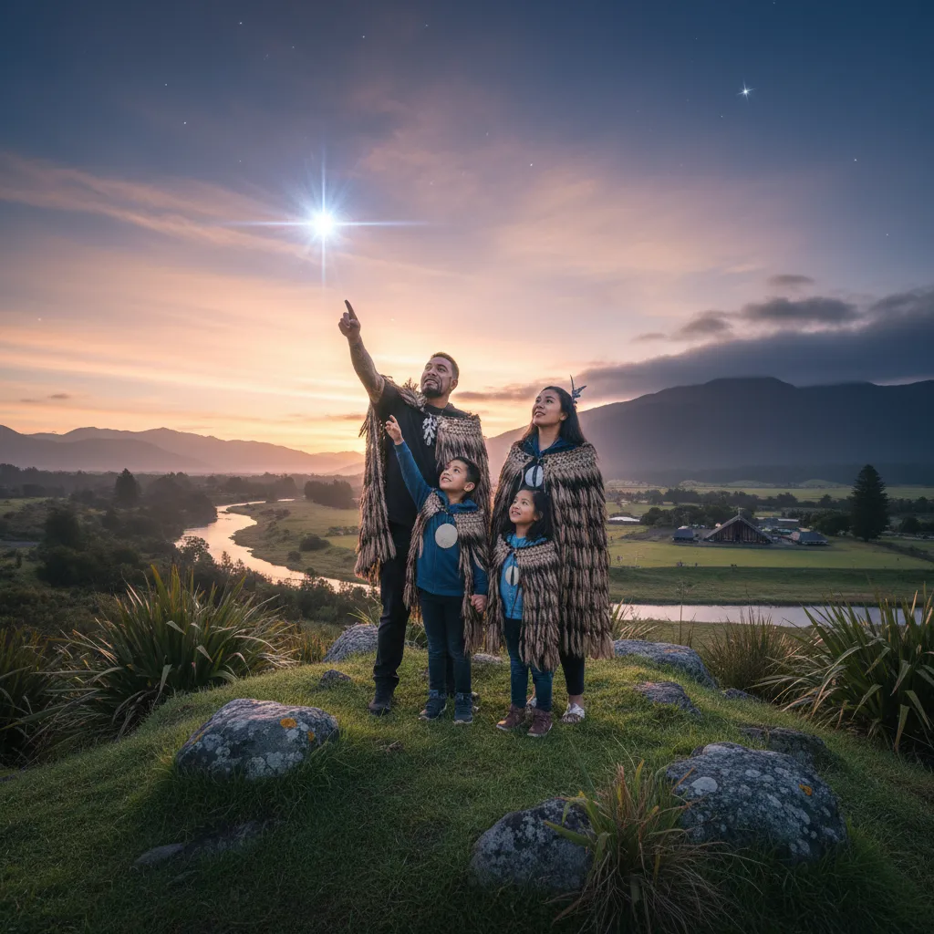 Family making wishes upon the star Hiwa-i-te-rangi