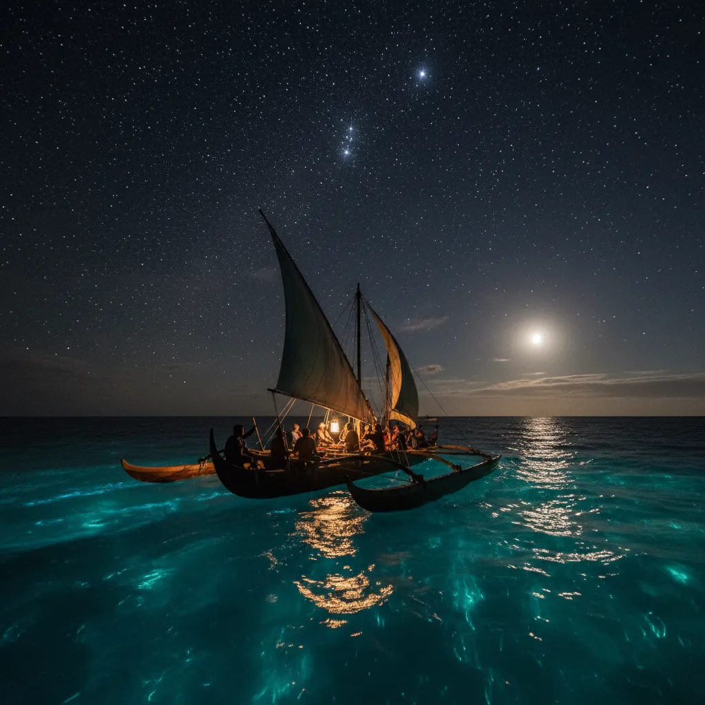 Polynesian waka navigating by the stars of Matariki