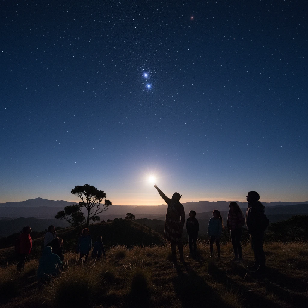 Matariki star cluster rising over New Zealand landscape