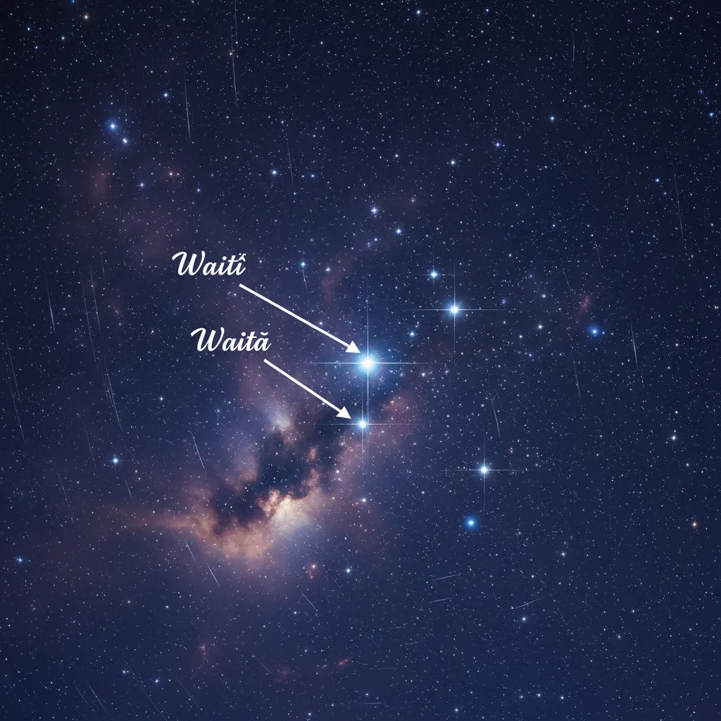 The Matariki star cluster highlighting Waitī and Waitā stars