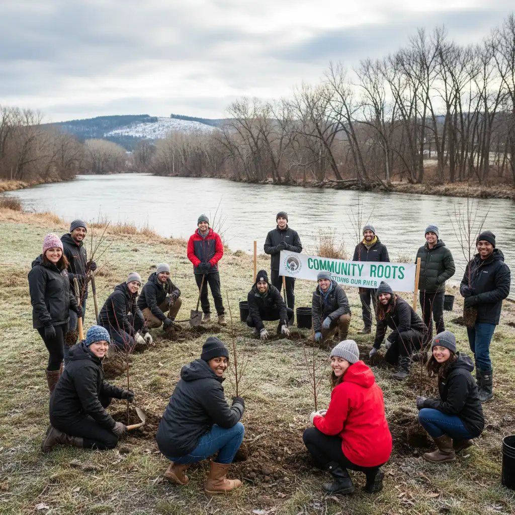 Community engaging in Kaitiakitanga by planting trees near a waterway