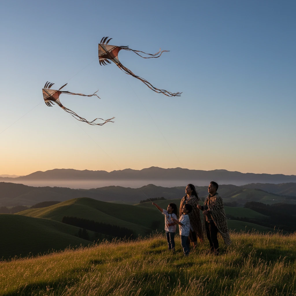 Family flying kites during a Matariki community gathering
