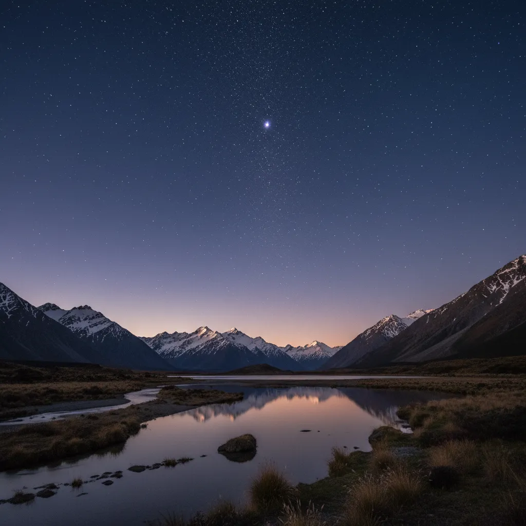 Matariki star cluster rising over New Zealand mountains
