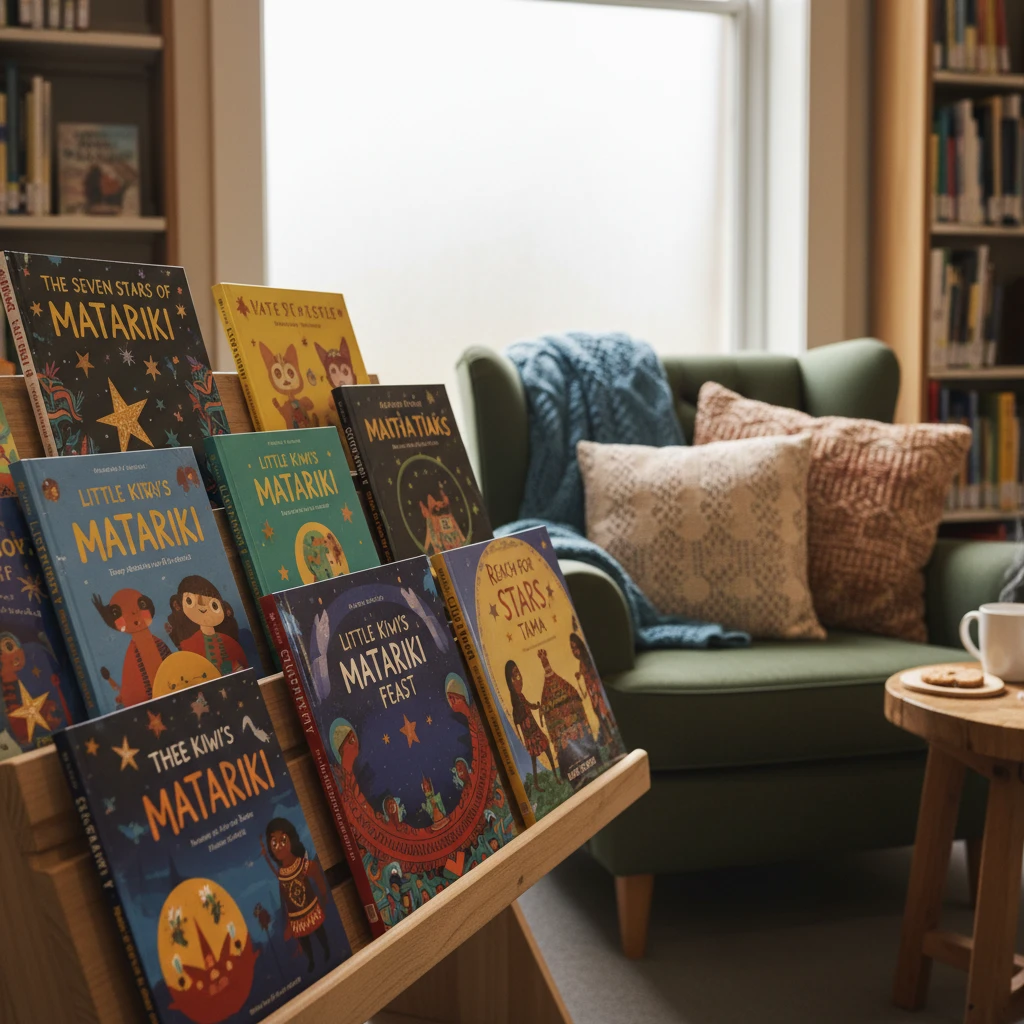 Display of children's Matariki books in a library setting