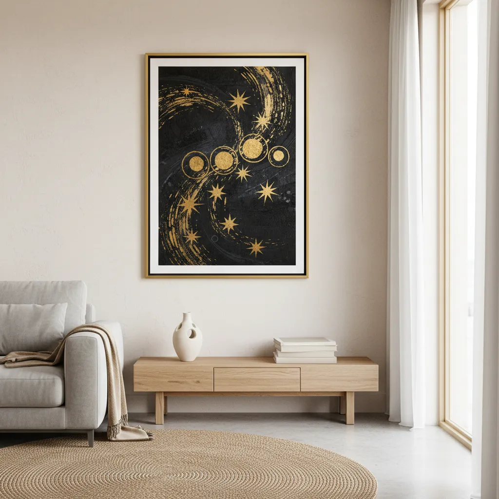 Framed artistic Matariki star map on a living room wall