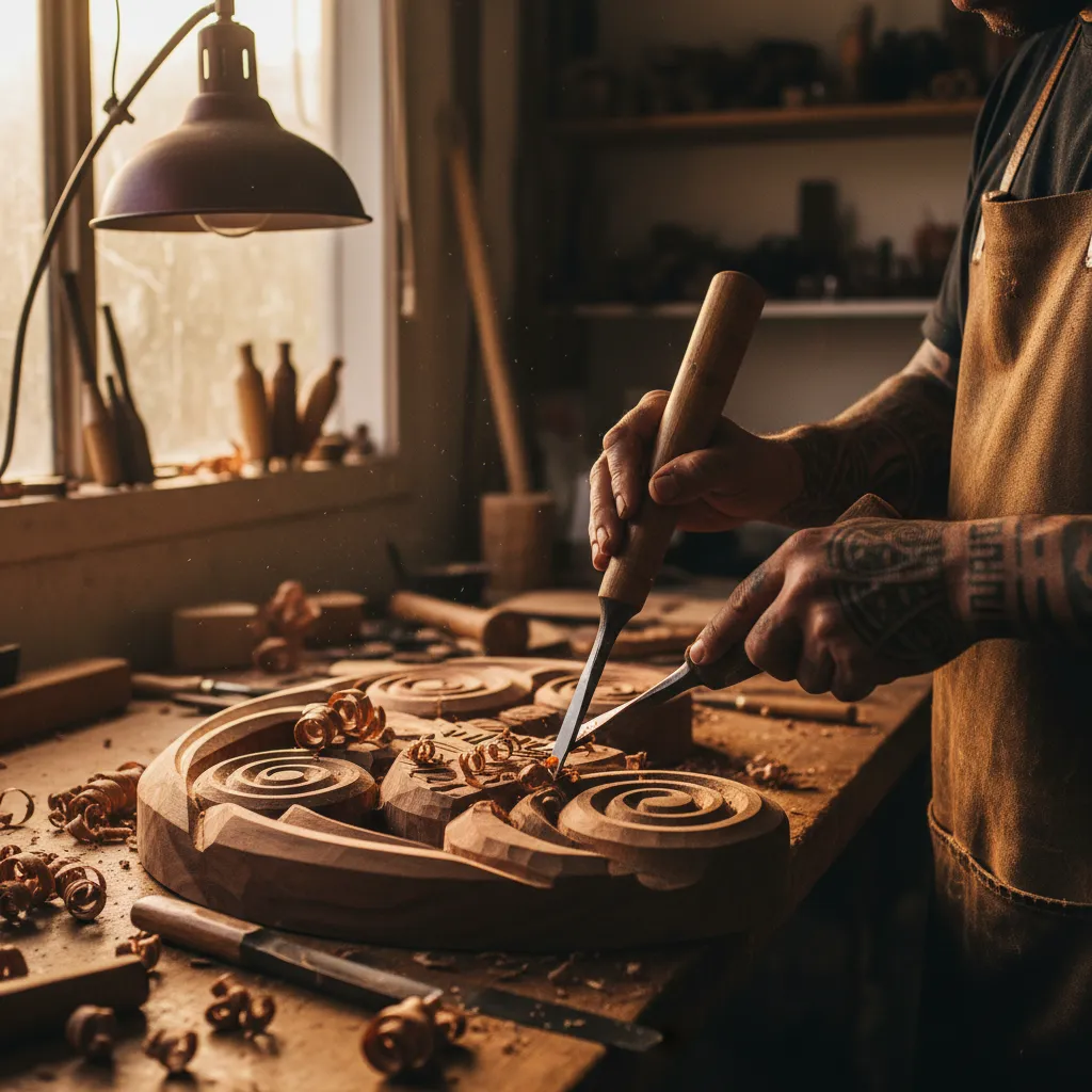Māori artist carving traditional wood art