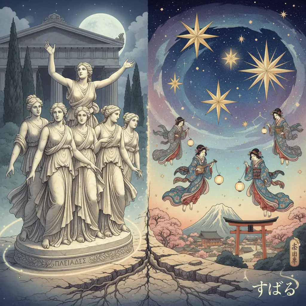 Artistic comparison of Greek and Japanese interpretations of the star cluster