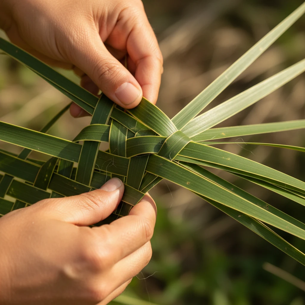 Hands weaving Harakeke flax during a Raranga workshop