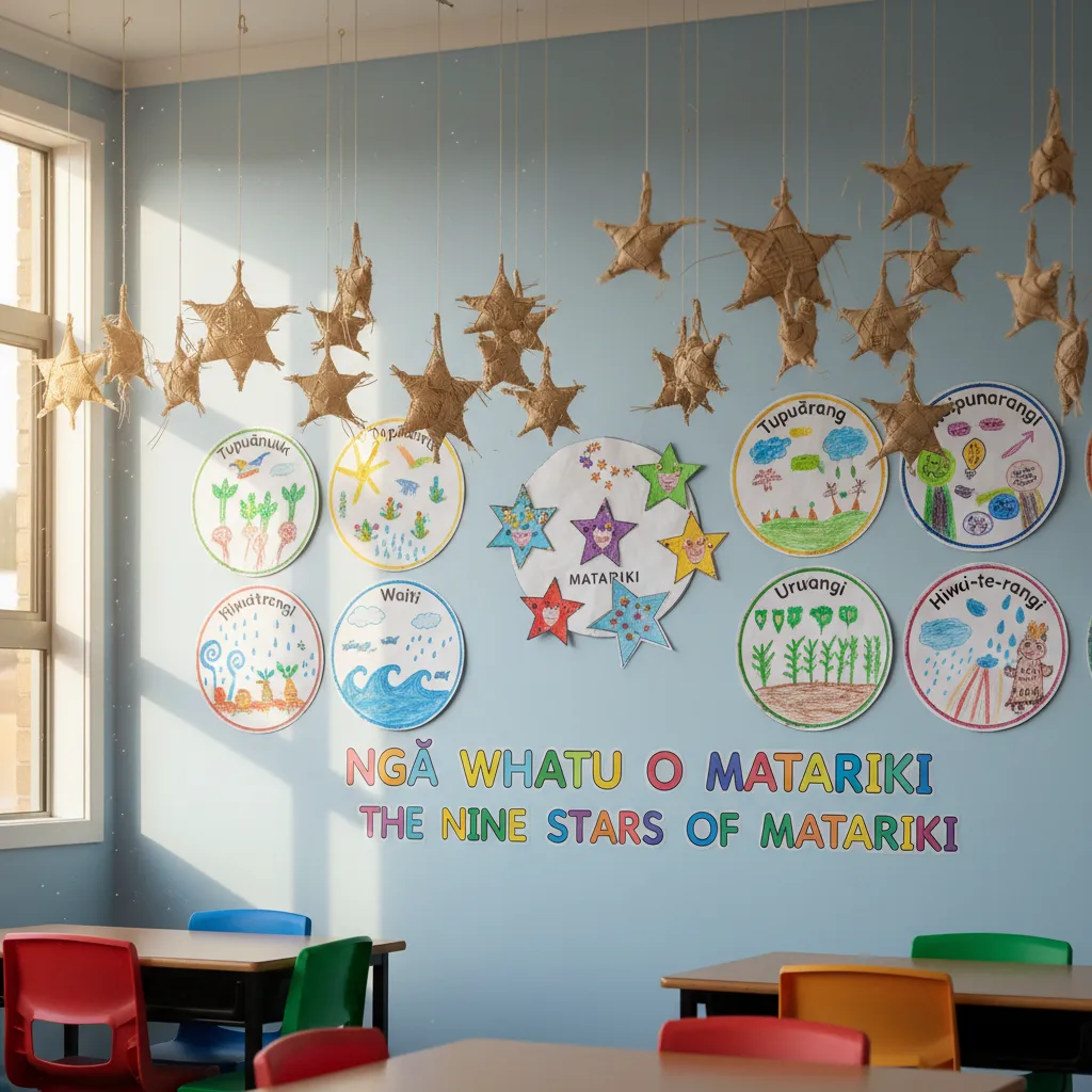 Primary school classroom display showcasing student art related to Matariki teaching resources