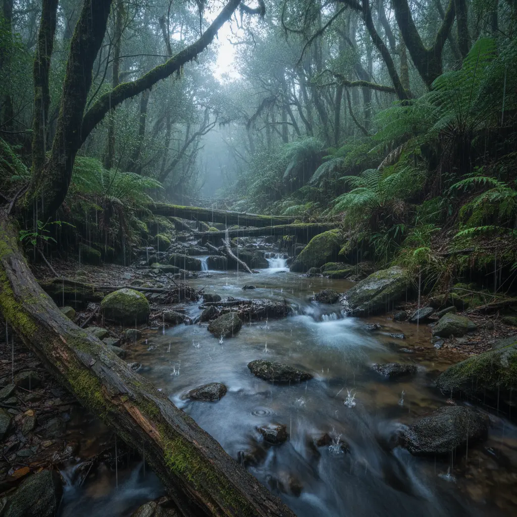 Rain falling on pools of water in a New Zealand forest