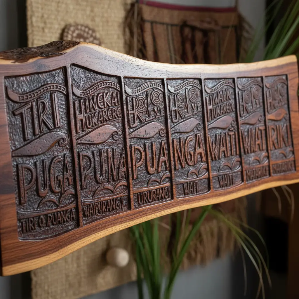 Wooden carving listing the 9 Matariki stars