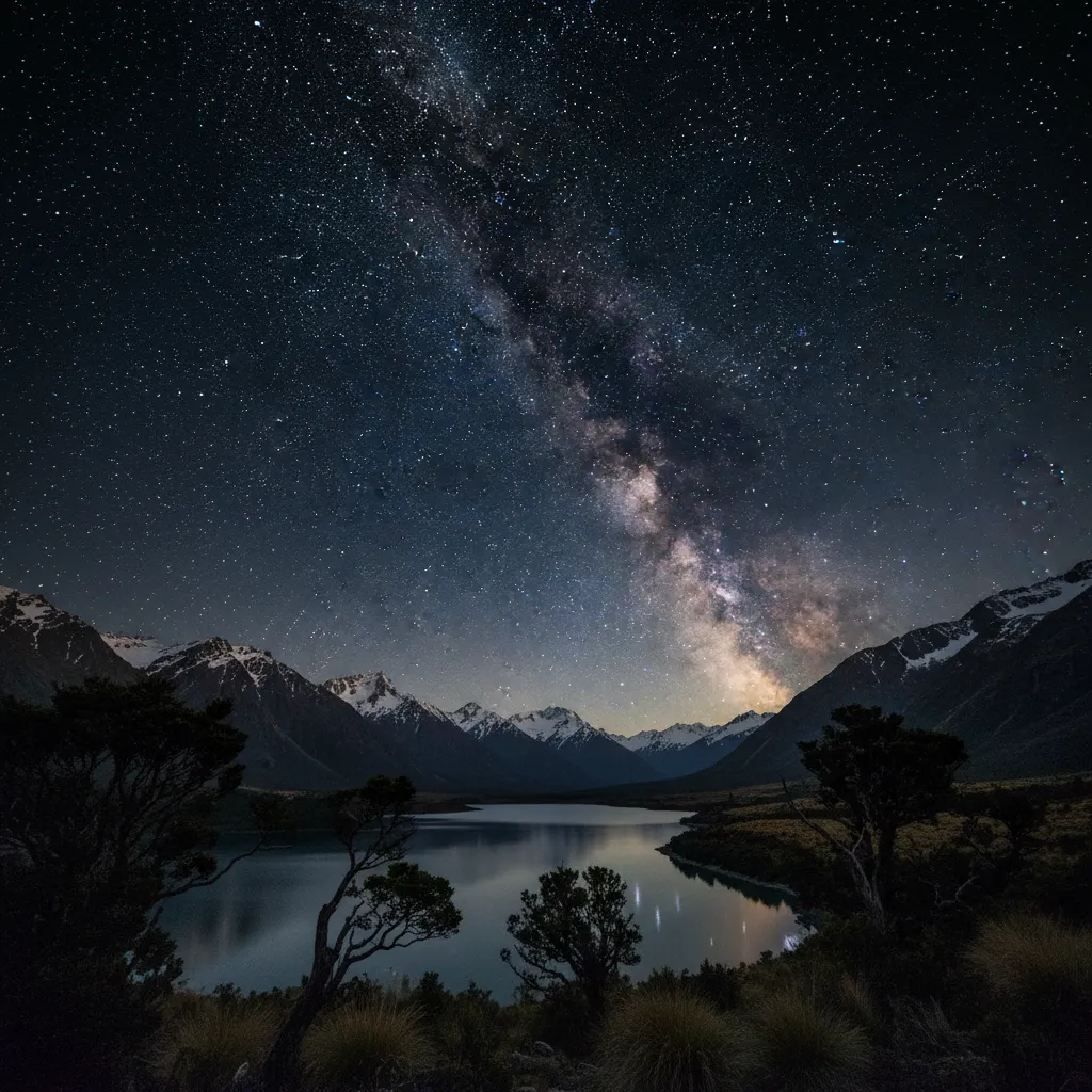 The Matariki star cluster rising over a New Zealand landscape
