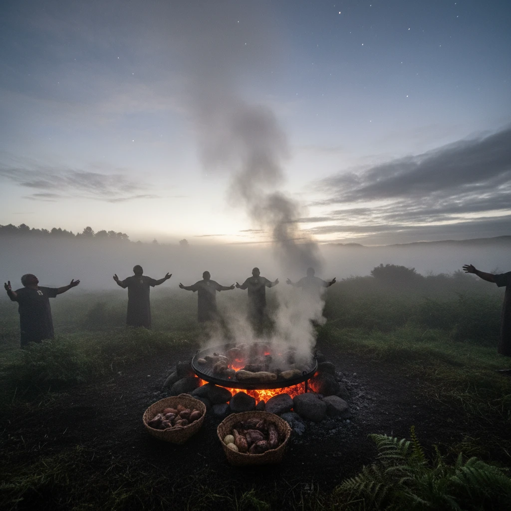 Steam rising from a hāngī as an offering to Matariki