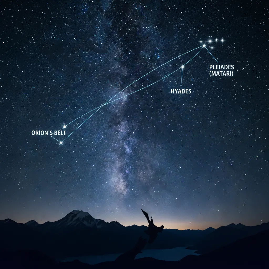 Matariki star map nz diagram showing alignment from Orion to Pleiades