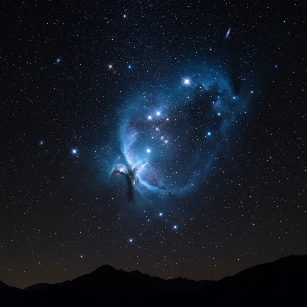 Close up view of the Matariki star cluster showing blue nebulosity