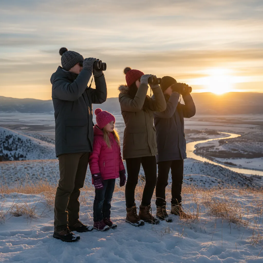 Family using binoculars to view Matariki at dawn