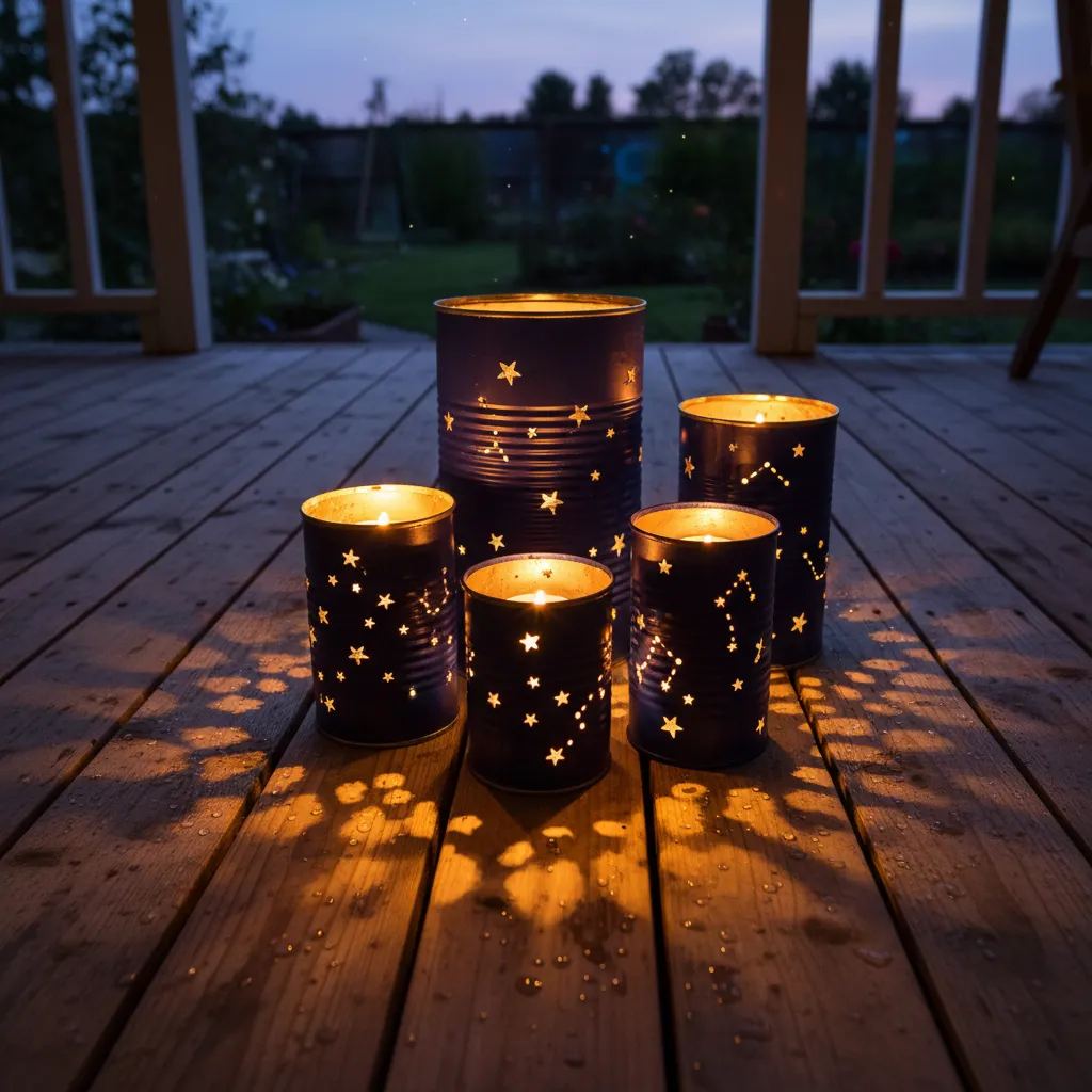 DIY Matariki tin can lanterns glowing at night
