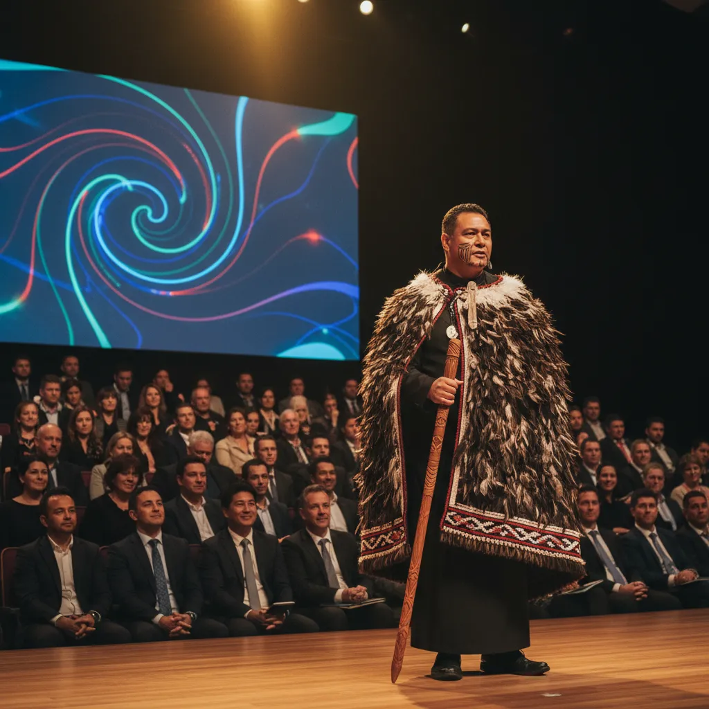 Māori cultural speaker addressing a corporate conference