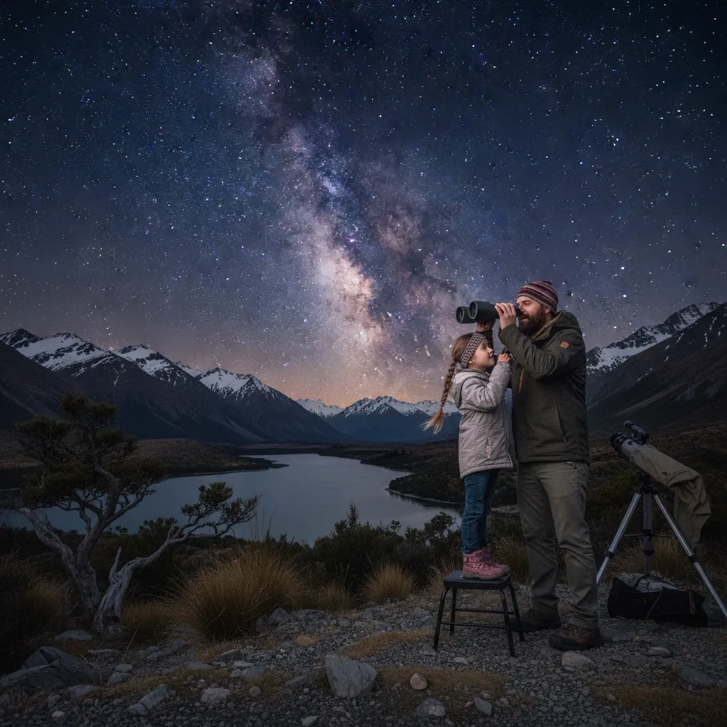 Father and daughter using binoculars for stargazing in New Zealand