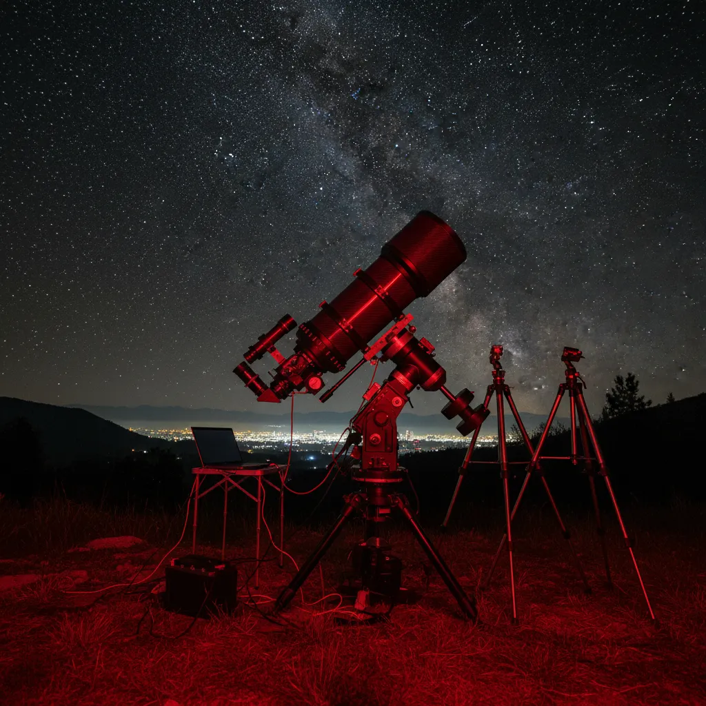 Telescope setup with red light for night vision