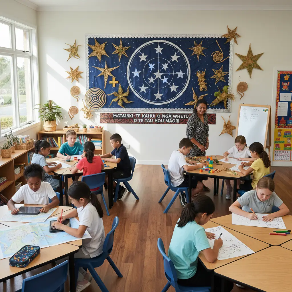 Classroom display showing Matariki resources for teachers and student work