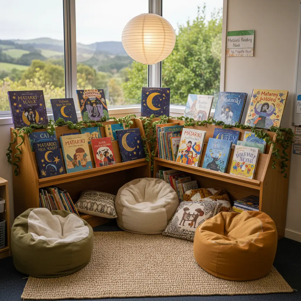 Display of Matariki children's books in a classroom setting