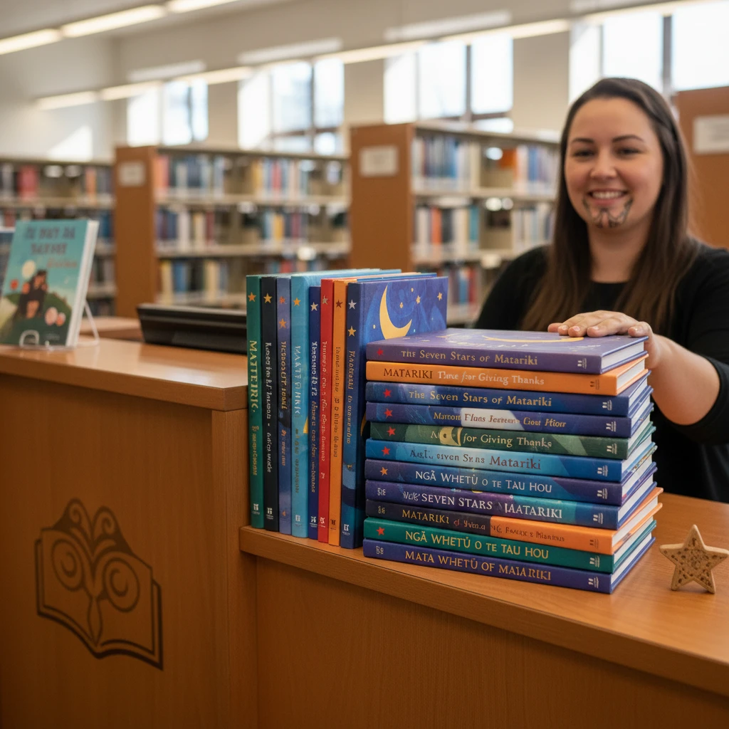 Stack of Matariki books ready for checkout at a library