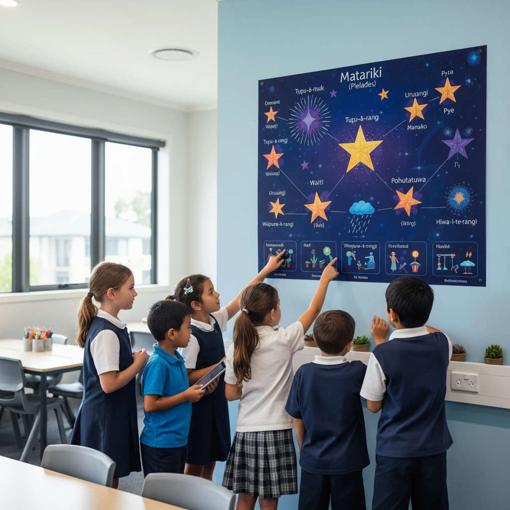 Classroom wall featuring a large educational Matariki star cluster chart