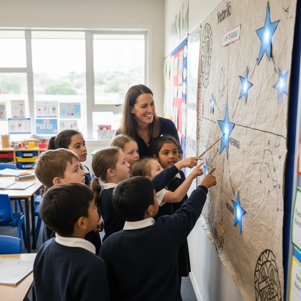 Teacher explaining Matariki stars to students using a wall chart