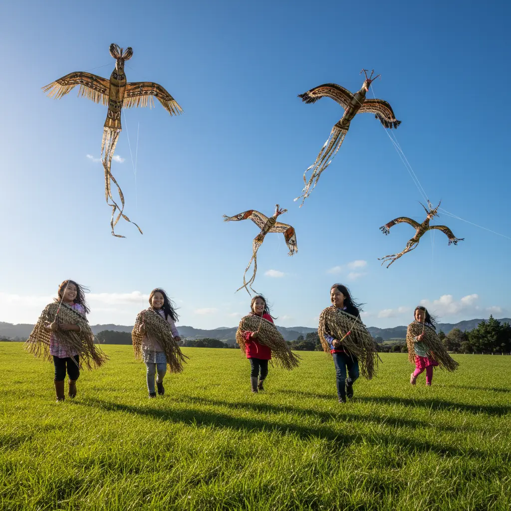 Children flying traditional kites during Matariki