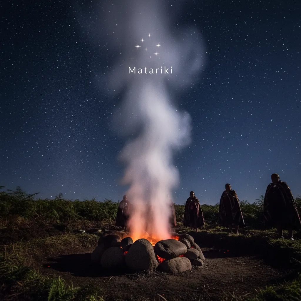 Steam rising from the Hautapu earth oven towards the Matariki stars